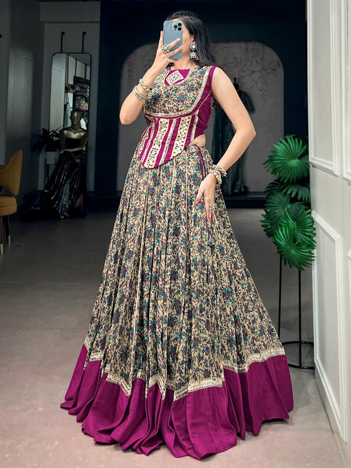 Alluring Wine Mirror Lace Work Cotton Navratri Wear Lehenga Choli
