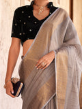 Lovable Grey Zari Weaving Tissue Silk Festival Wear Saree With Blouse