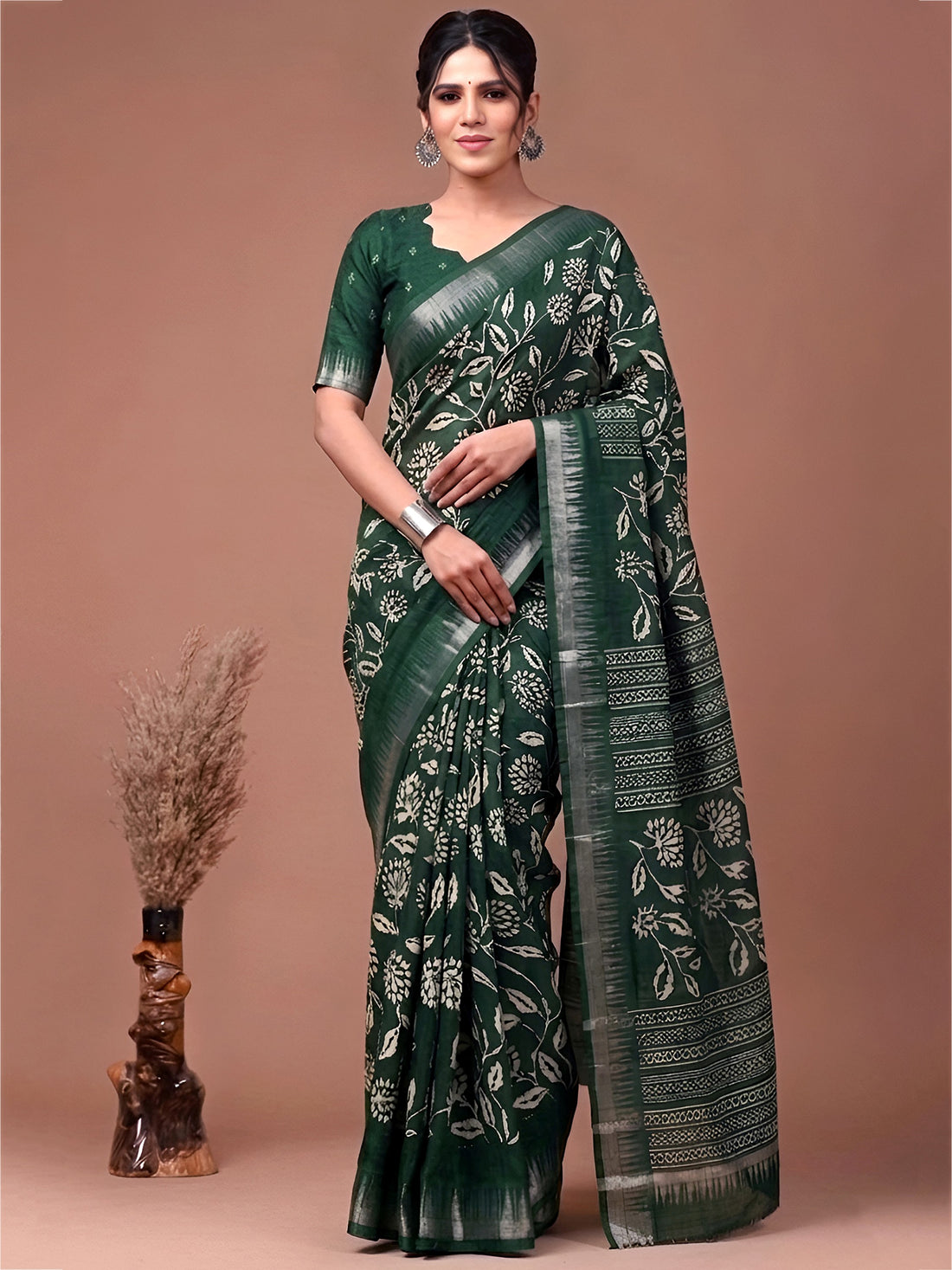 Adorable Green Floral Printed Silk Festival Wear Saree With Blouse