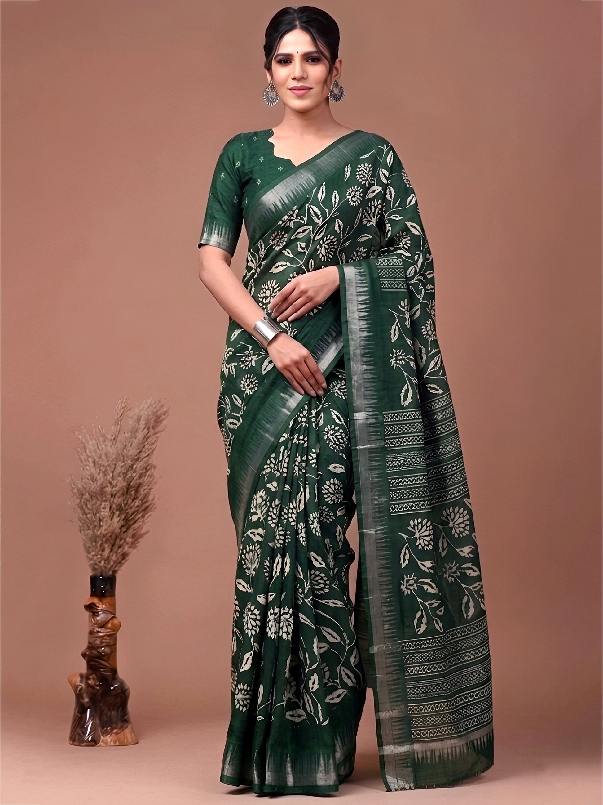 Adorable Green Floral Printed Silk Festival Wear Saree With Blouse