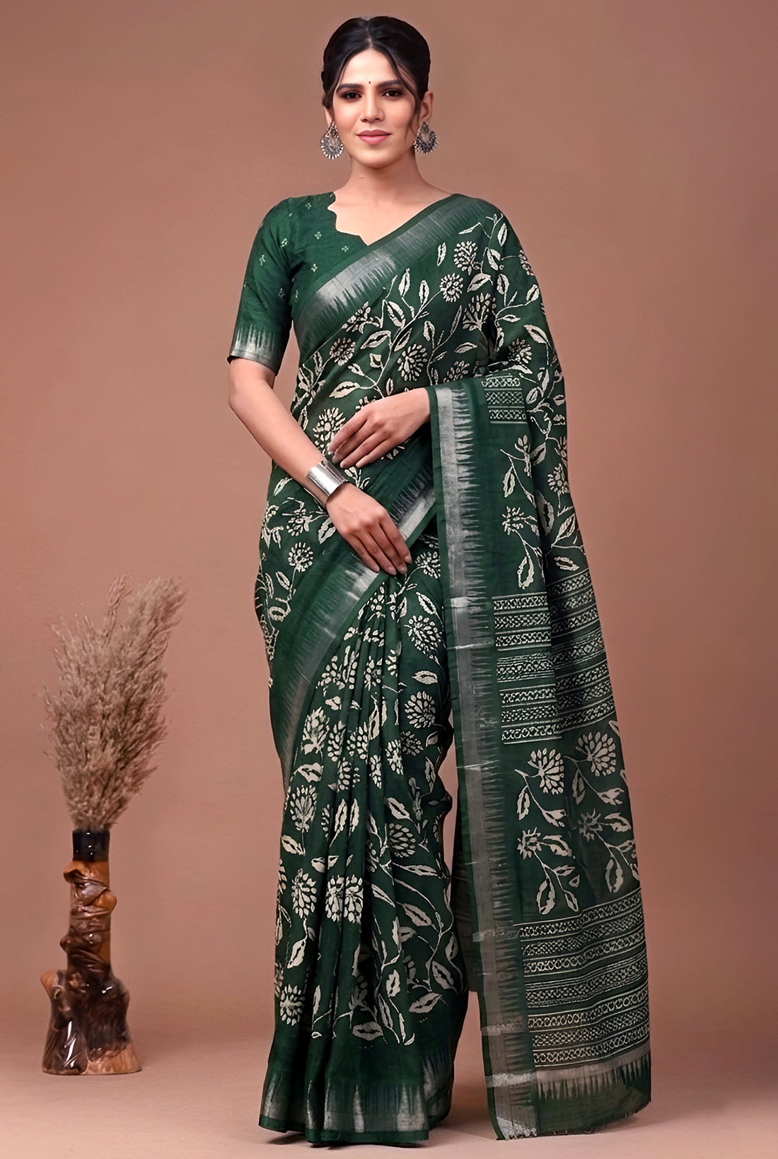 Adorable Green Floral Printed Silk Festival Wear Saree With Blouse