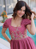 Outstanding Dusty Pink Floral Embroidery Chanderi Party Wear Dress