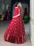 Regal Maroon Zari Woven Cotton Festive Wear Gown