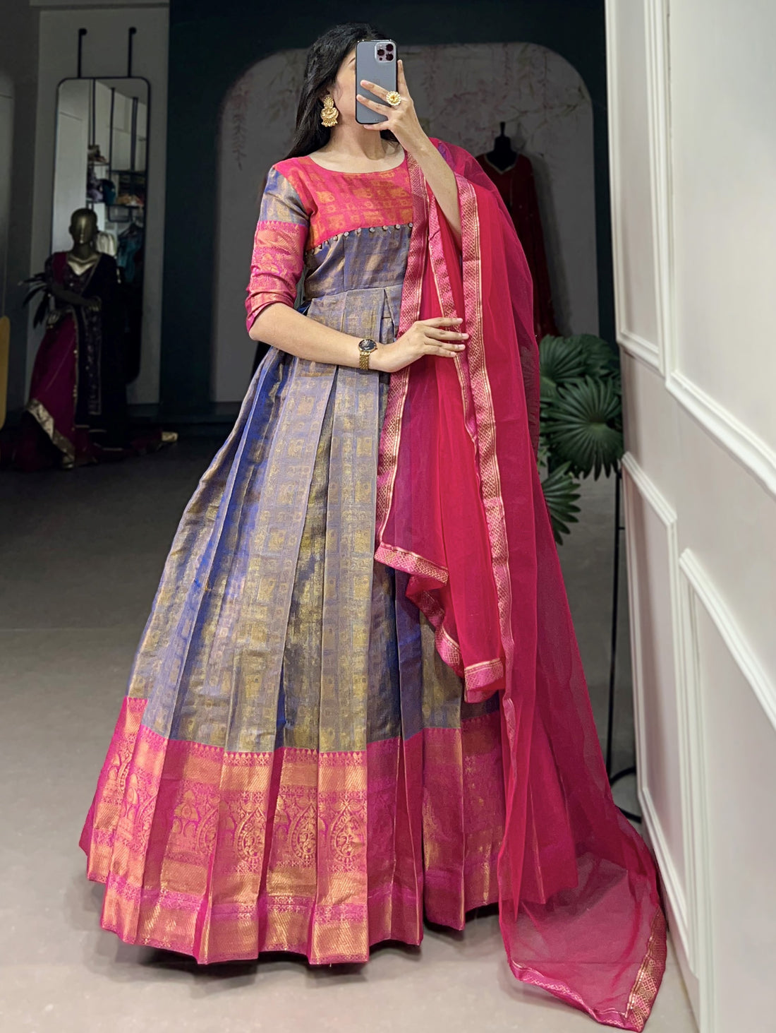 Awesome Pink Zari Weaving Kanjivaram  Festive Wear Gown With Dupatta
