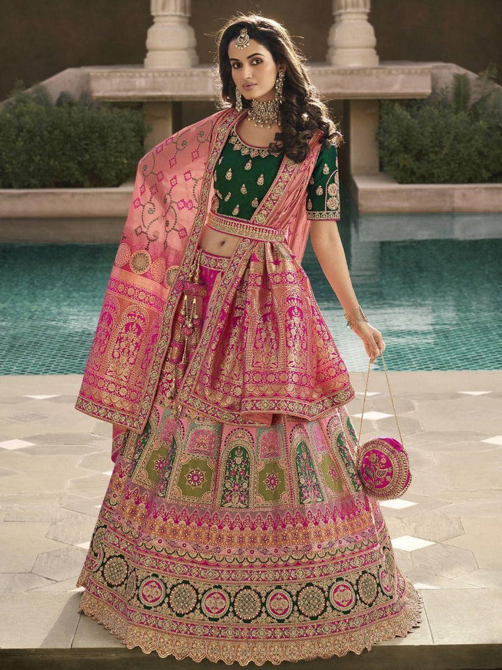 Astounding Light Pink Embroidered Banarasi Silk Bridal Lehenga Choli