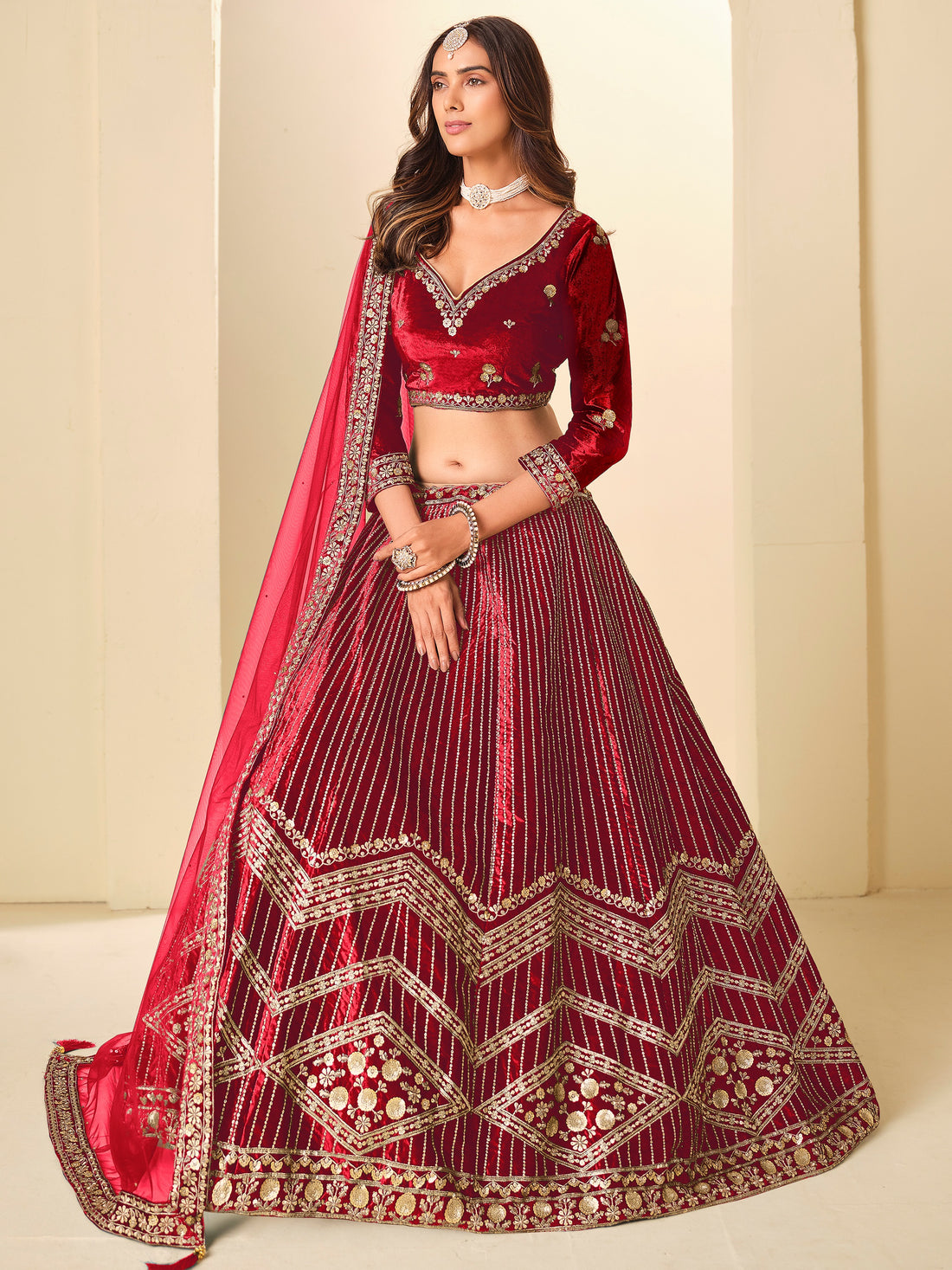 Attractive Red Embroidery Velvet Wedding Wear Lehenga Choli With Dupatta