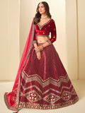 Attractive Red Embroidery Velvet Wedding Wear Lehenga Choli With Dupatta