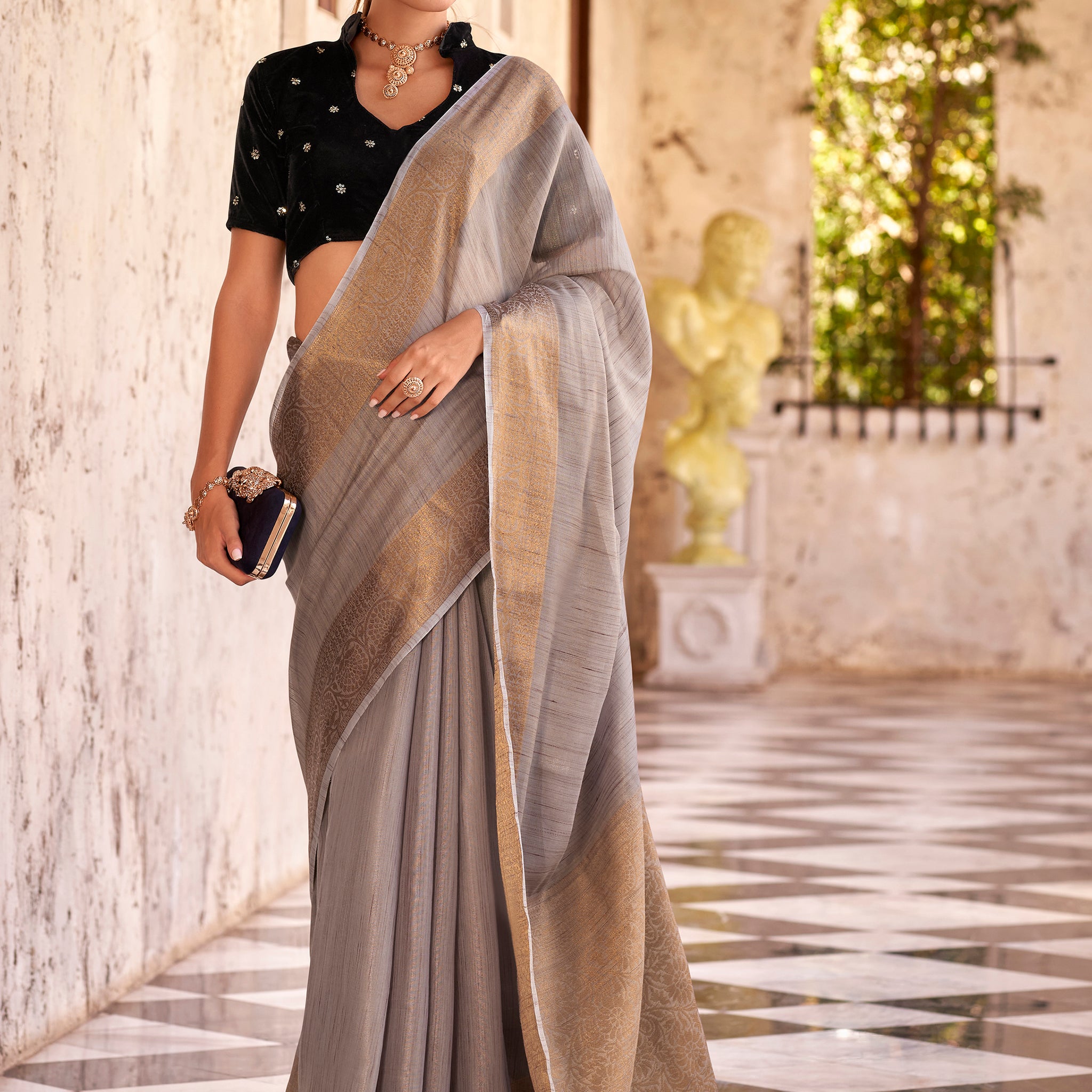 Lovable Grey Zari Weaving Tissue Silk Festival Wear Saree With Blouse