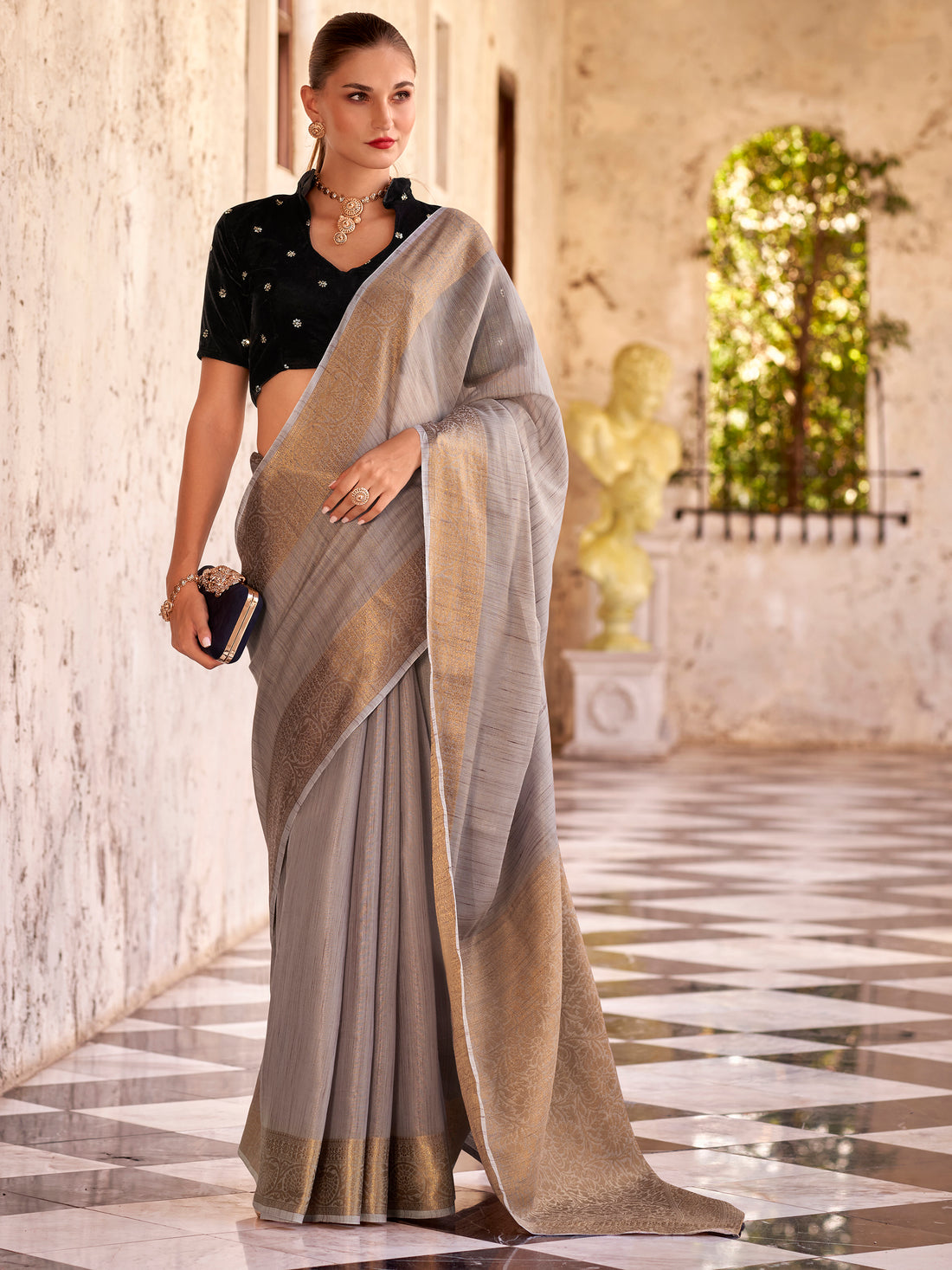 Lovable Grey Zari Weaving Tissue Silk Festival Wear Saree With Blouse