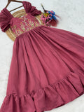 Outstanding Dusty Pink Floral Embroidery Chanderi Party Wear Dress