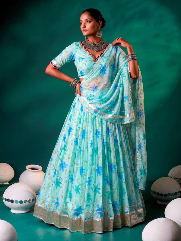 Radiant Aqua Blue Floral Print Silk Festival Wear Lehenga Choli