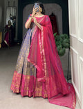 Awesome Pink Zari Weaving Kanjivaram  Festive Wear Gown With Dupatta