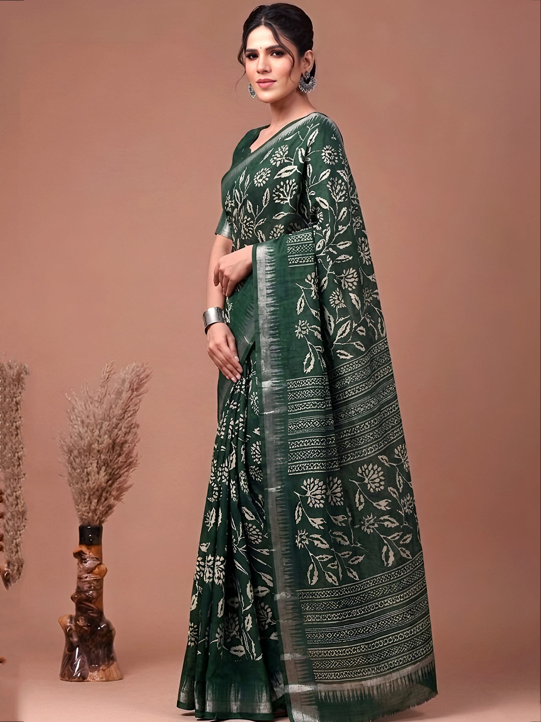 Adorable Green Floral Printed Silk Festival Wear Saree With Blouse