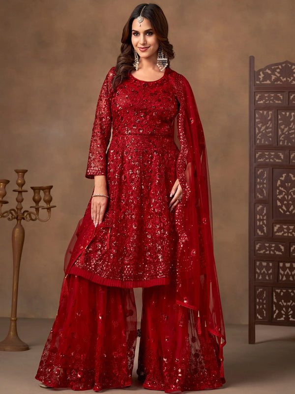 Trendy Red Thread Embroidery Net Reception Wear Sharara Suit
