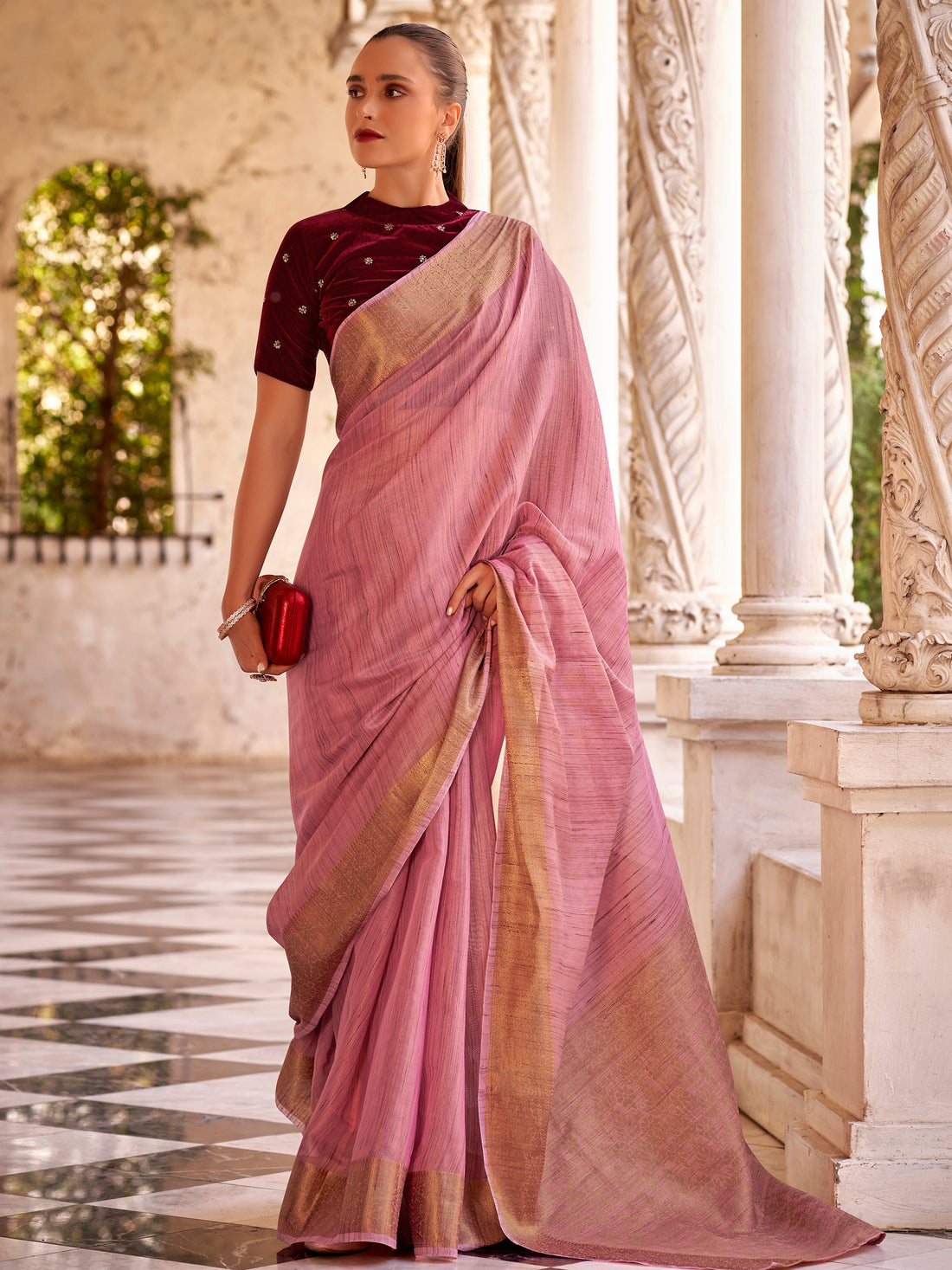 Beautiful Light Mauve Zari Weaving Tissue Silk Traditional Saree