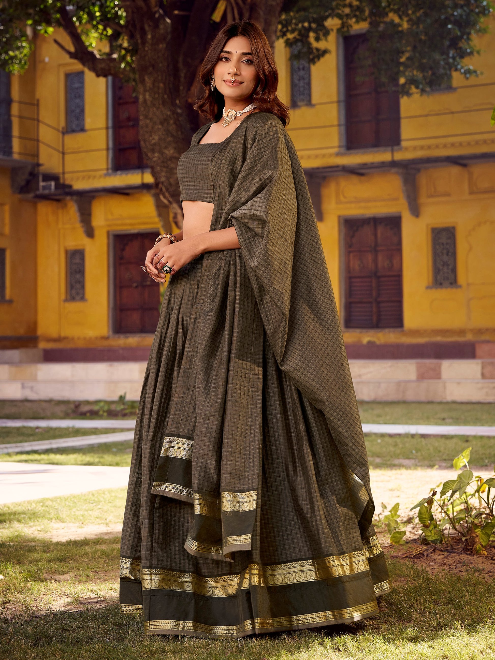 Exquisite Grey Zari Weaving Cotton Lehenga Choli With Dupatta