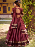 Radiant Maroon Zari Weaving Cotton Wedding Lehenga Choli With Dupatta