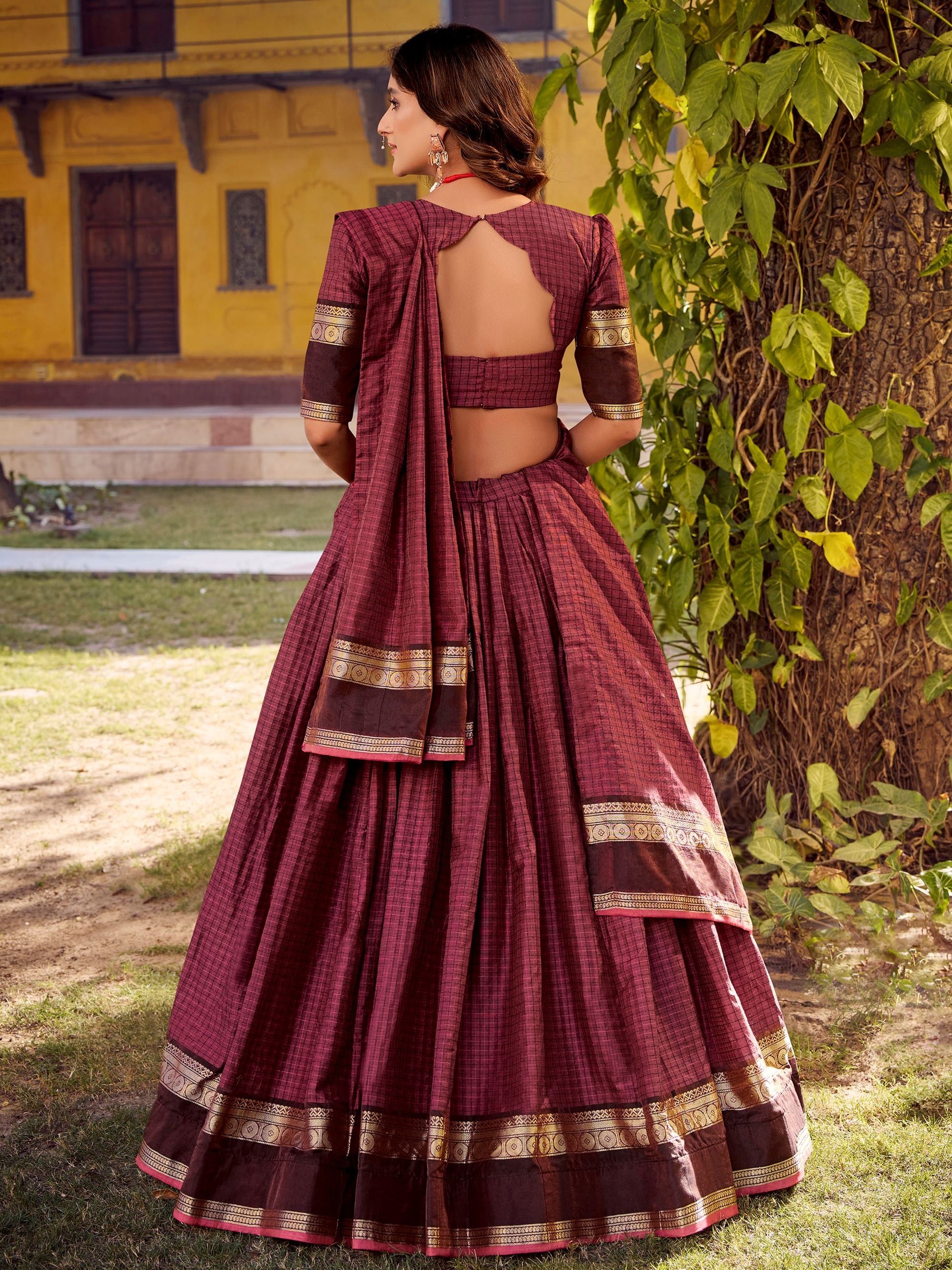 Radiant Maroon Zari Weaving Cotton Wedding Lehenga Choli With Dupatta