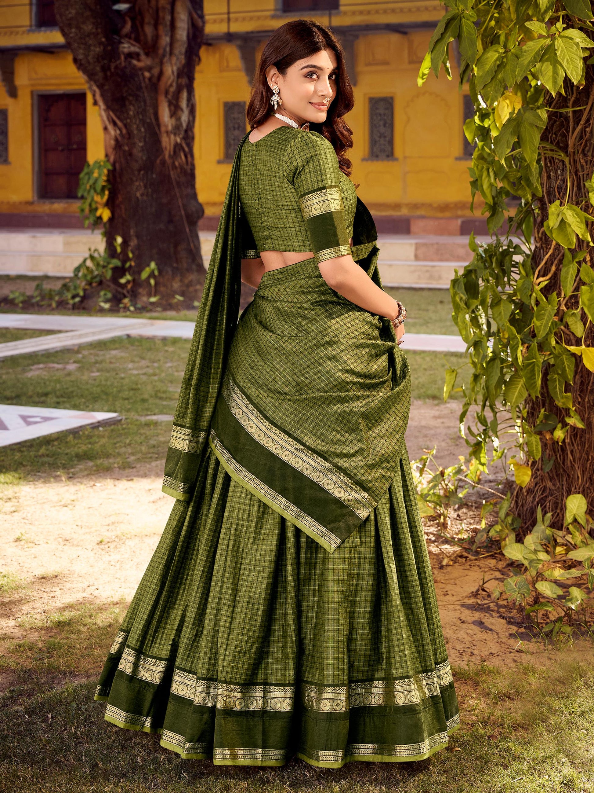 Stunning Olive Green Zari Weaving Cotton Evening Wear Lehenga Choli With Dupatta