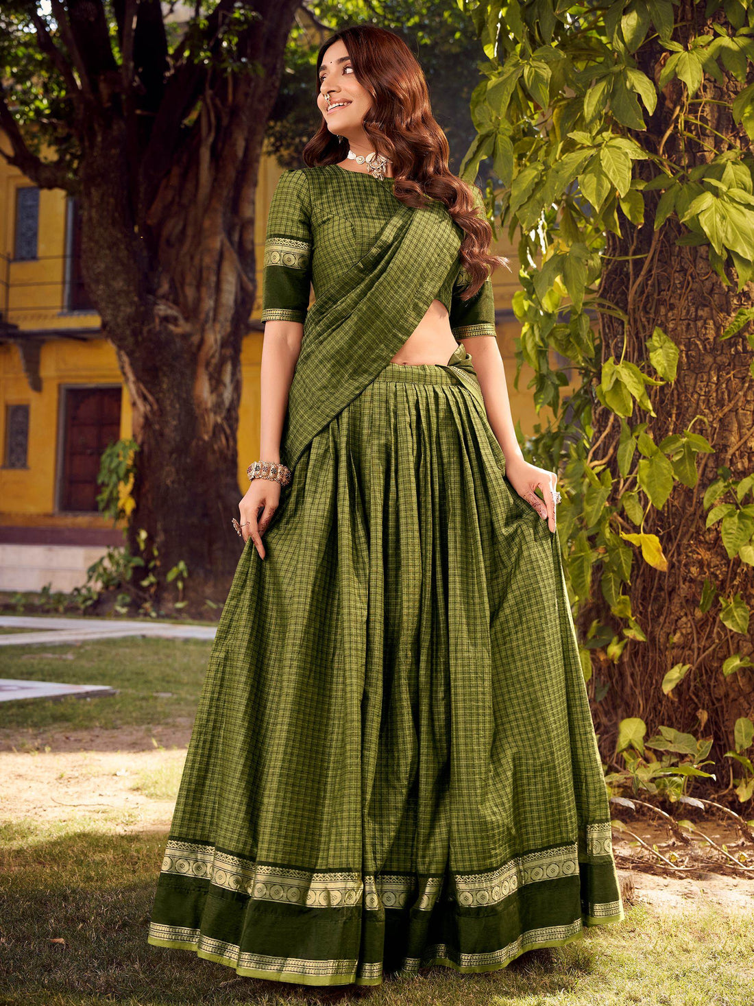 Stunning Olive Green Zari Weaving Cotton Evening Wear Lehenga Choli With Dupatta
