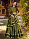 Stunning Olive Green Zari Weaving Cotton Evening Wear Lehenga Choli With Dupatta