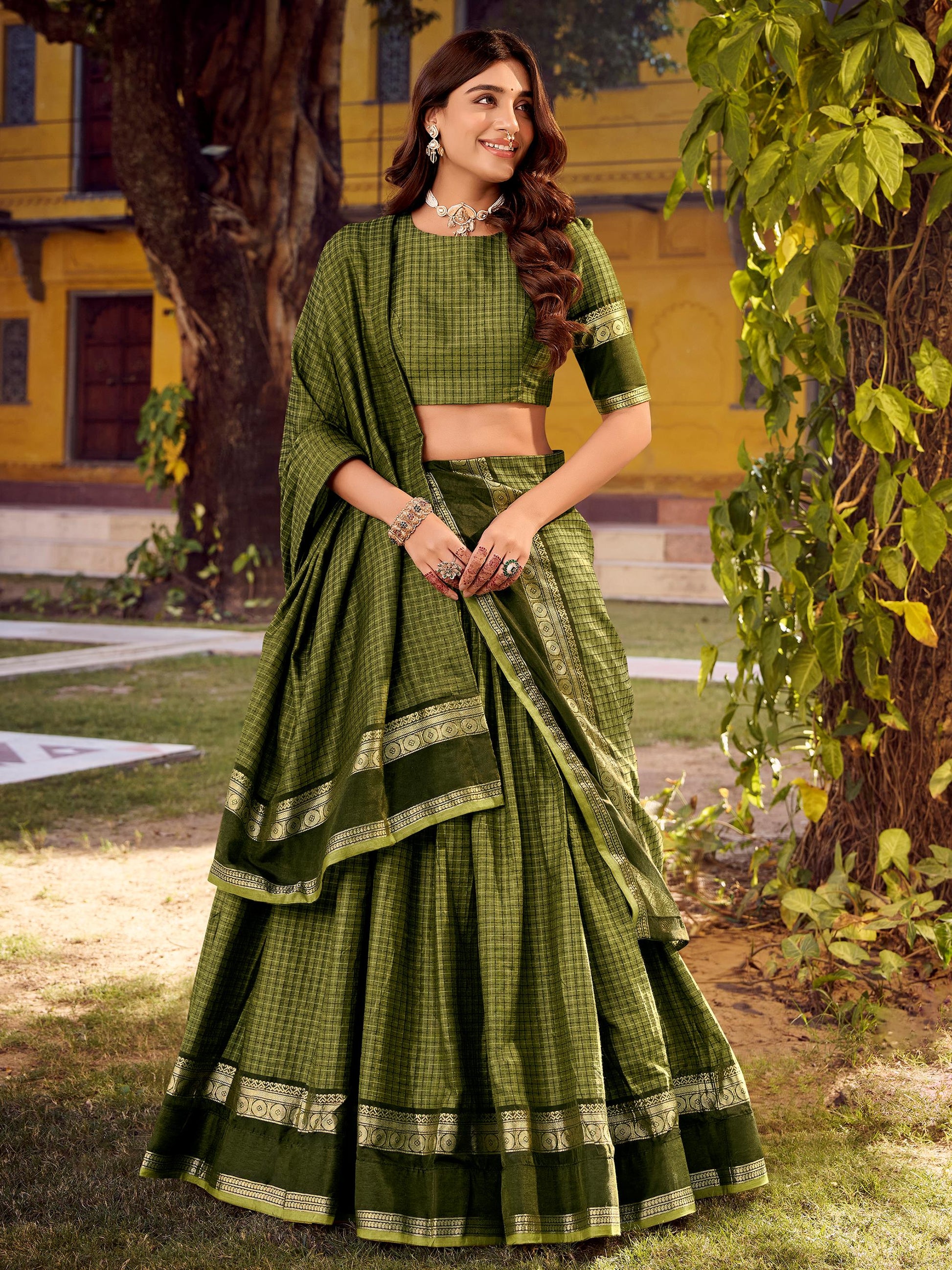 Stunning Olive Green Zari Weaving Cotton Evening Wear Lehenga Choli With Dupatta