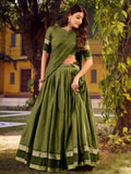 Stunning Olive Green Zari Weaving Cotton Evening Wear Lehenga Choli With Dupatta