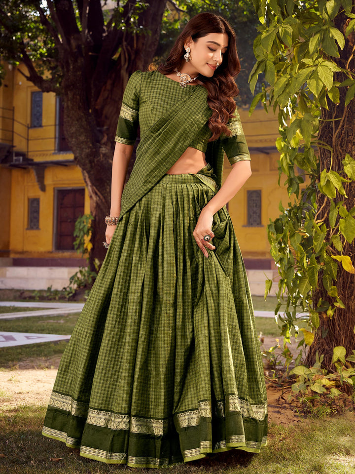 Stunning Olive Green Zari Weaving Cotton Evening Wear Lehenga Choli With Dupatta