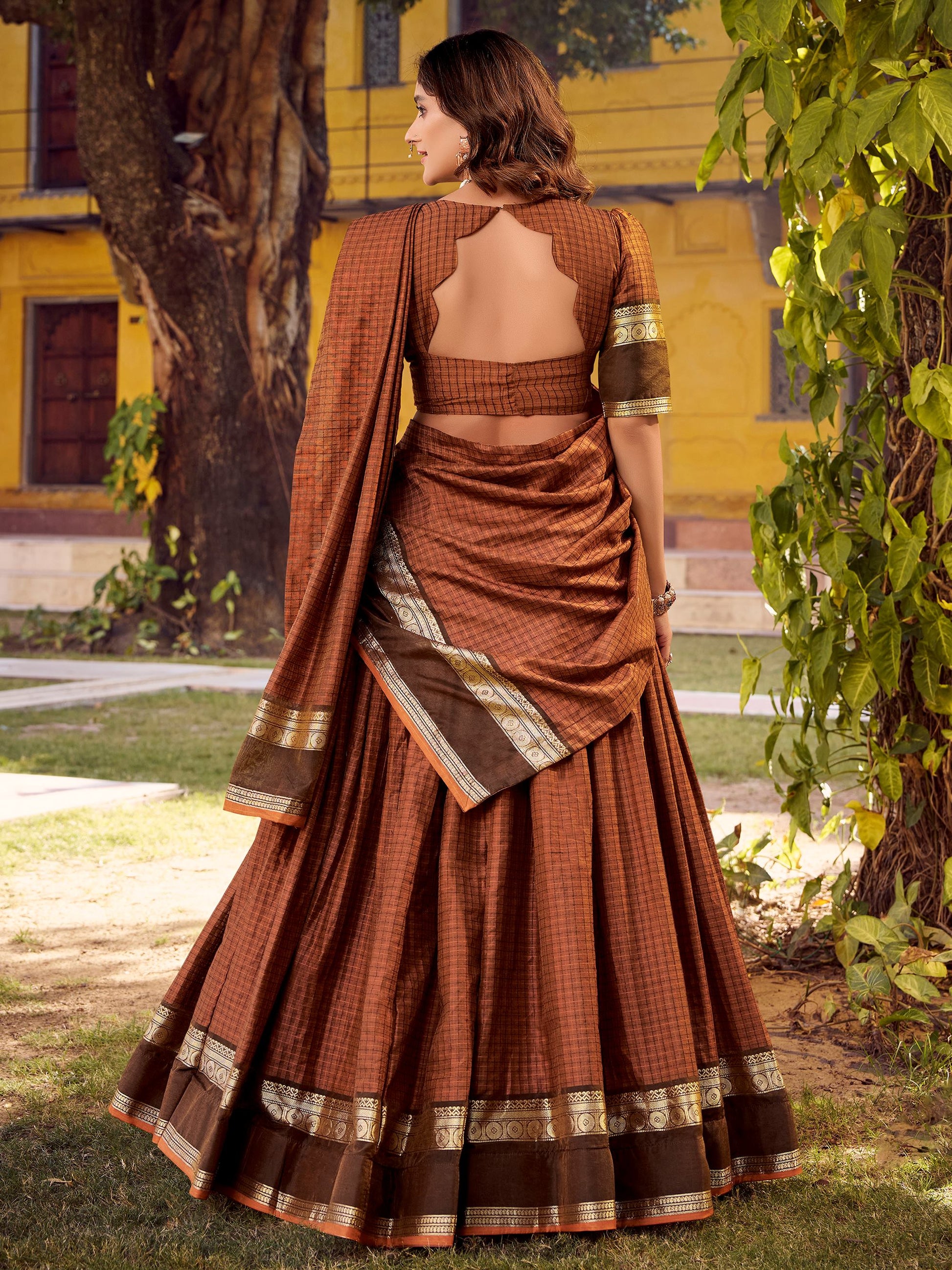 Enchanting Rust Orange Zari Weaving Cotton Festive Wear Lehenga Choli