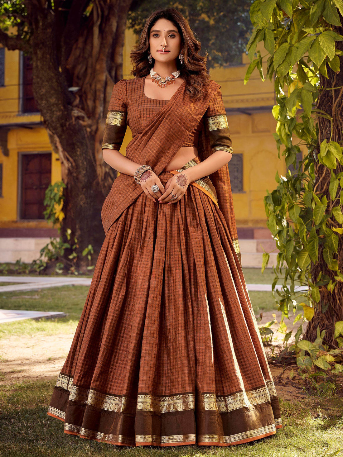 Enchanting Rust Orange Zari Weaving Cotton Festive Wear Lehenga Choli