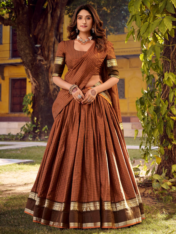 Enchanting Rust Orange Zari Weaving Cotton Festive Wear Lehenga Choli