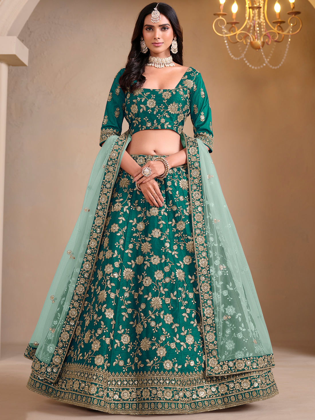 Marvelous Teal Green Embroidered Silk Wedding Lehenga Choli With Dupatta