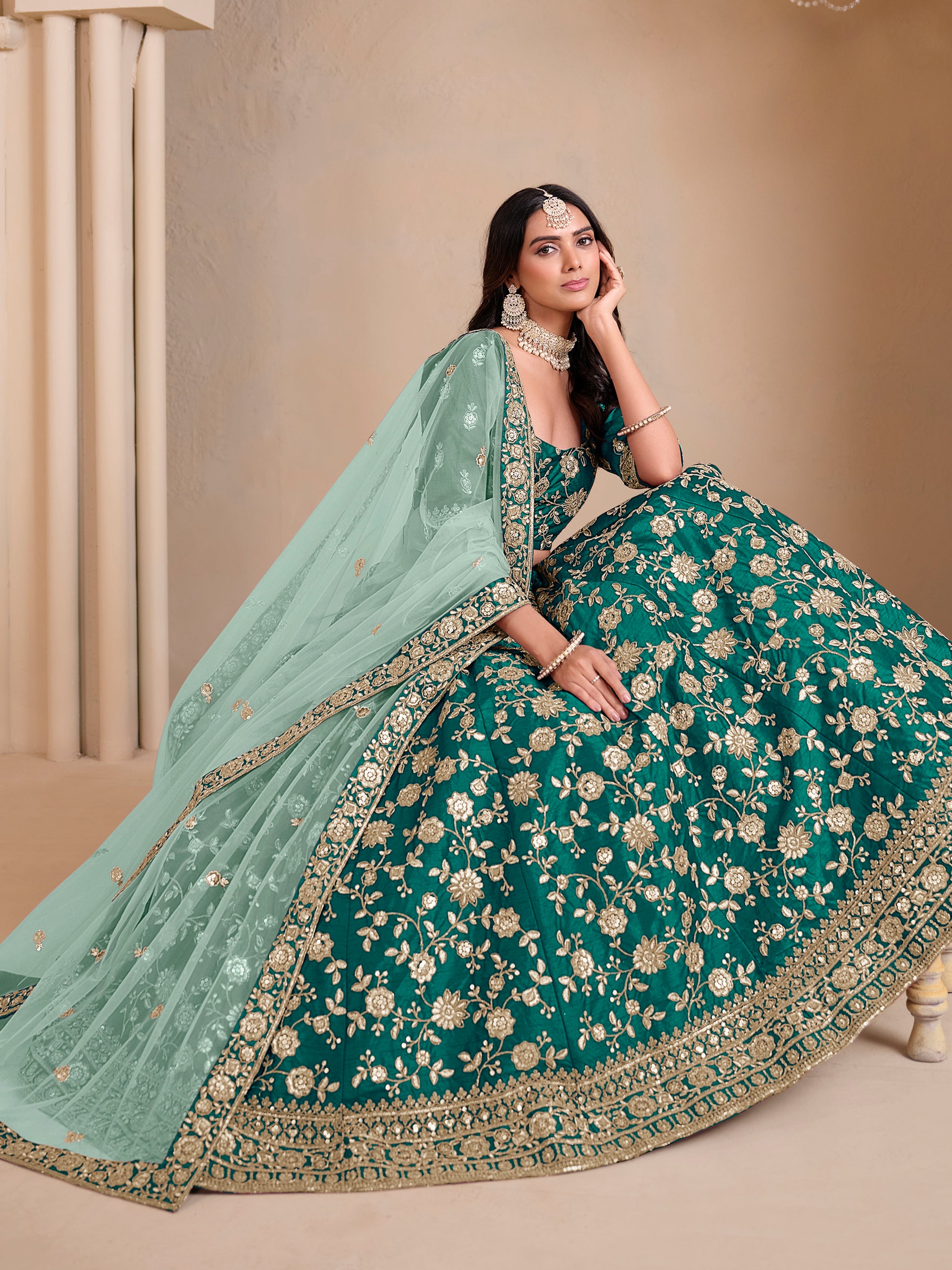 Marvelous Teal Green Embroidered Silk Wedding Lehenga Choli With Dupatta