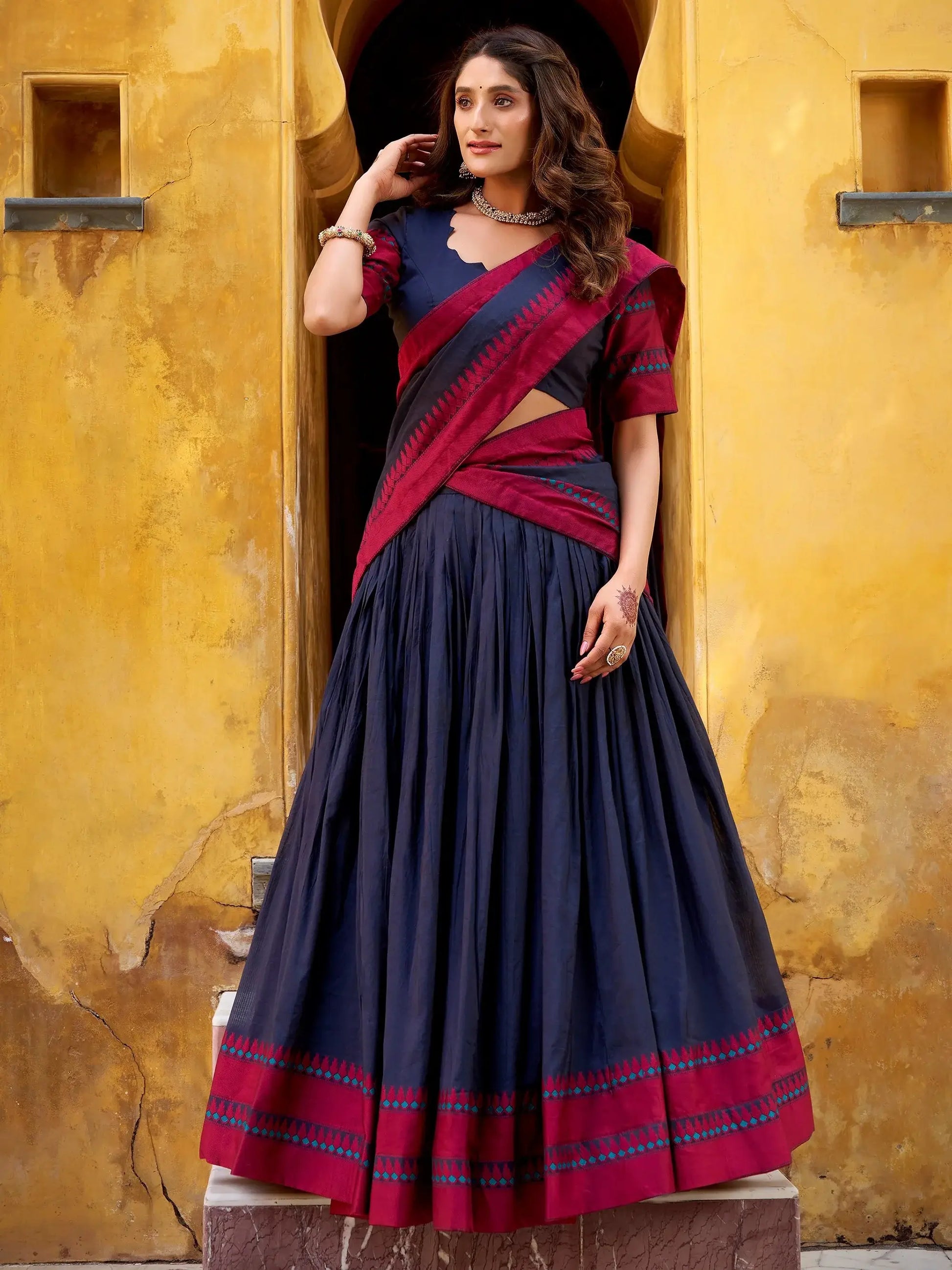 Elegant Navy Blue Embroidered Chanderi Wedding Wear Lehenga Choli