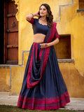 Elegant Navy Blue Embroidered Chanderi Wedding Wear Lehenga Choli