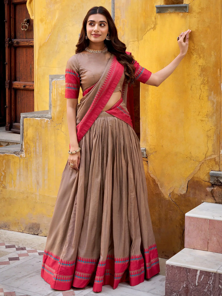 Classic Beige Thread Embroidered Chanderi Festive Wear Lehenga Choli With Dupatta