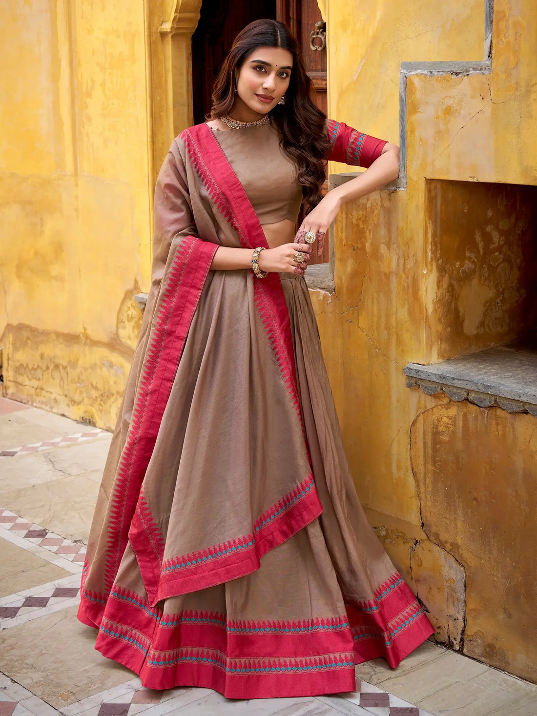 Classic Beige Thread Embroidered Chanderi Festive Wear Lehenga Choli With Dupatta