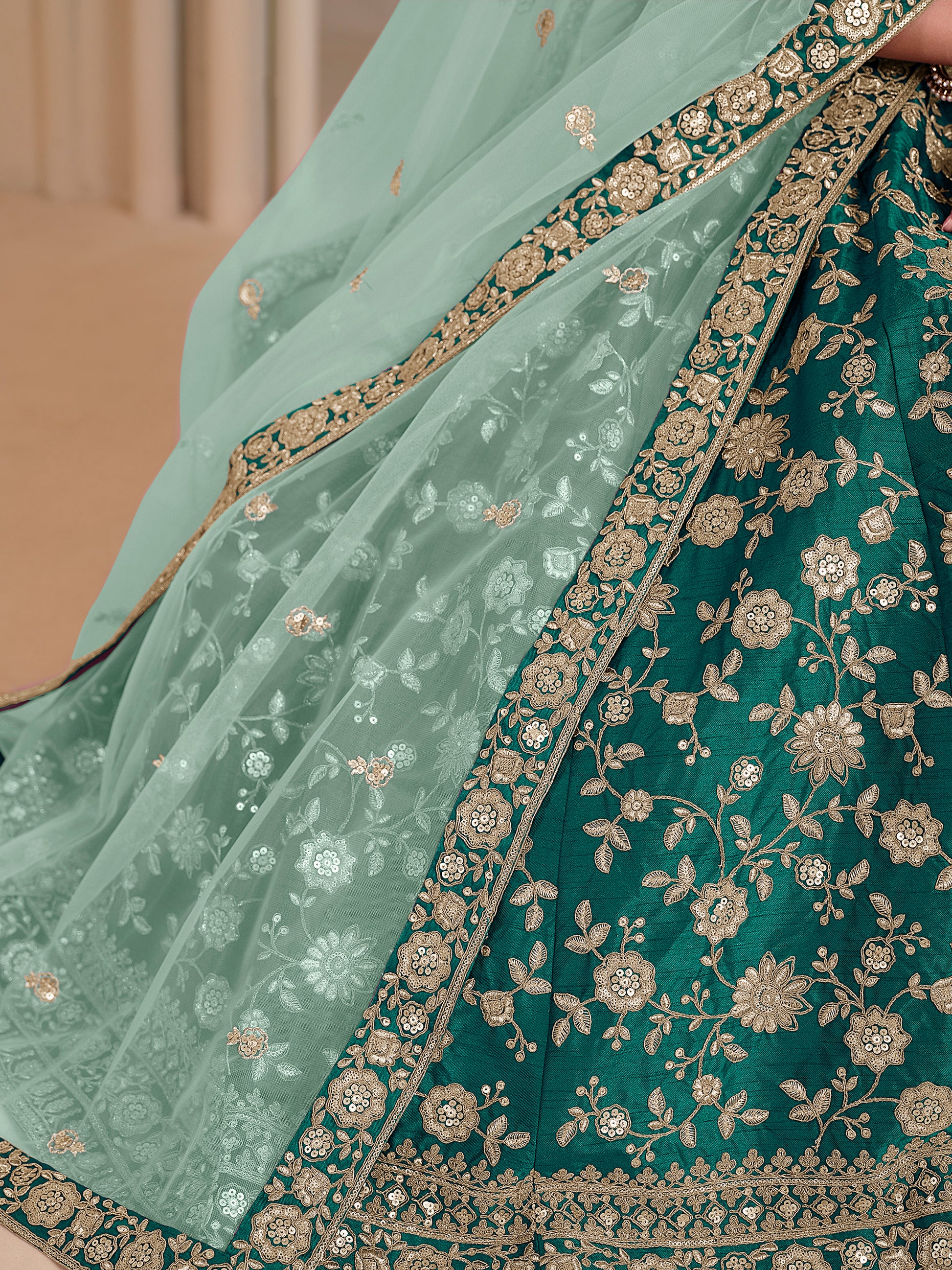 Marvelous Teal Green Embroidered Silk Wedding Lehenga Choli With Dupatta