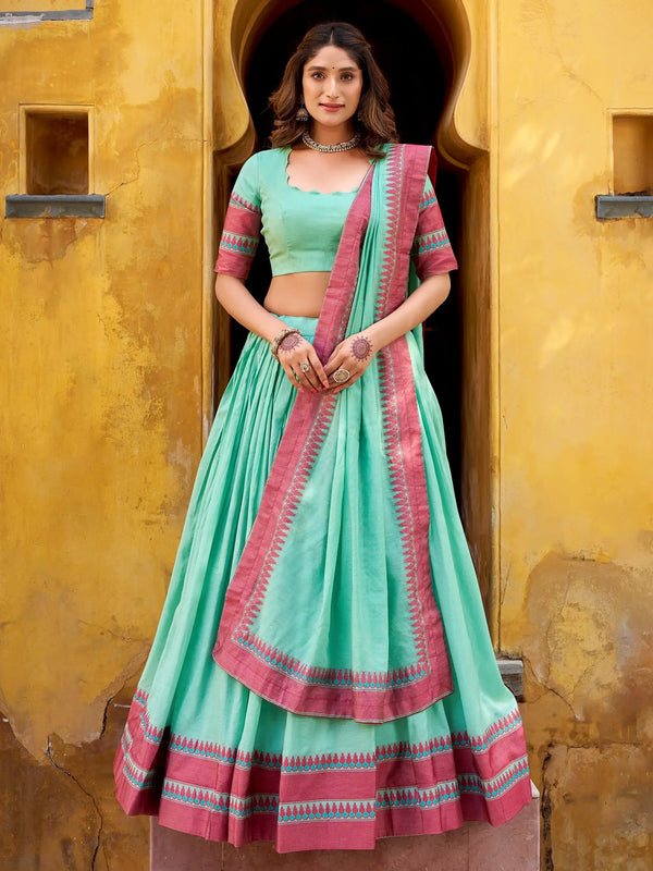 Striking Sky Blue Embroidered Chanderi Marriage Wear Lehenga With Blouse