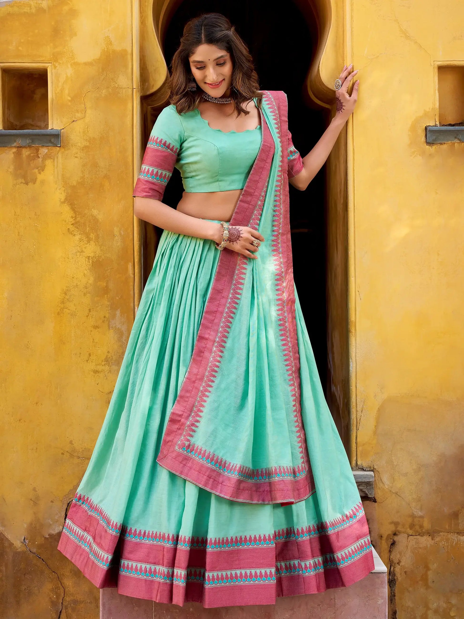 Striking Sky Blue Embroidered Chanderi Marriage Wear Lehenga With Blouse