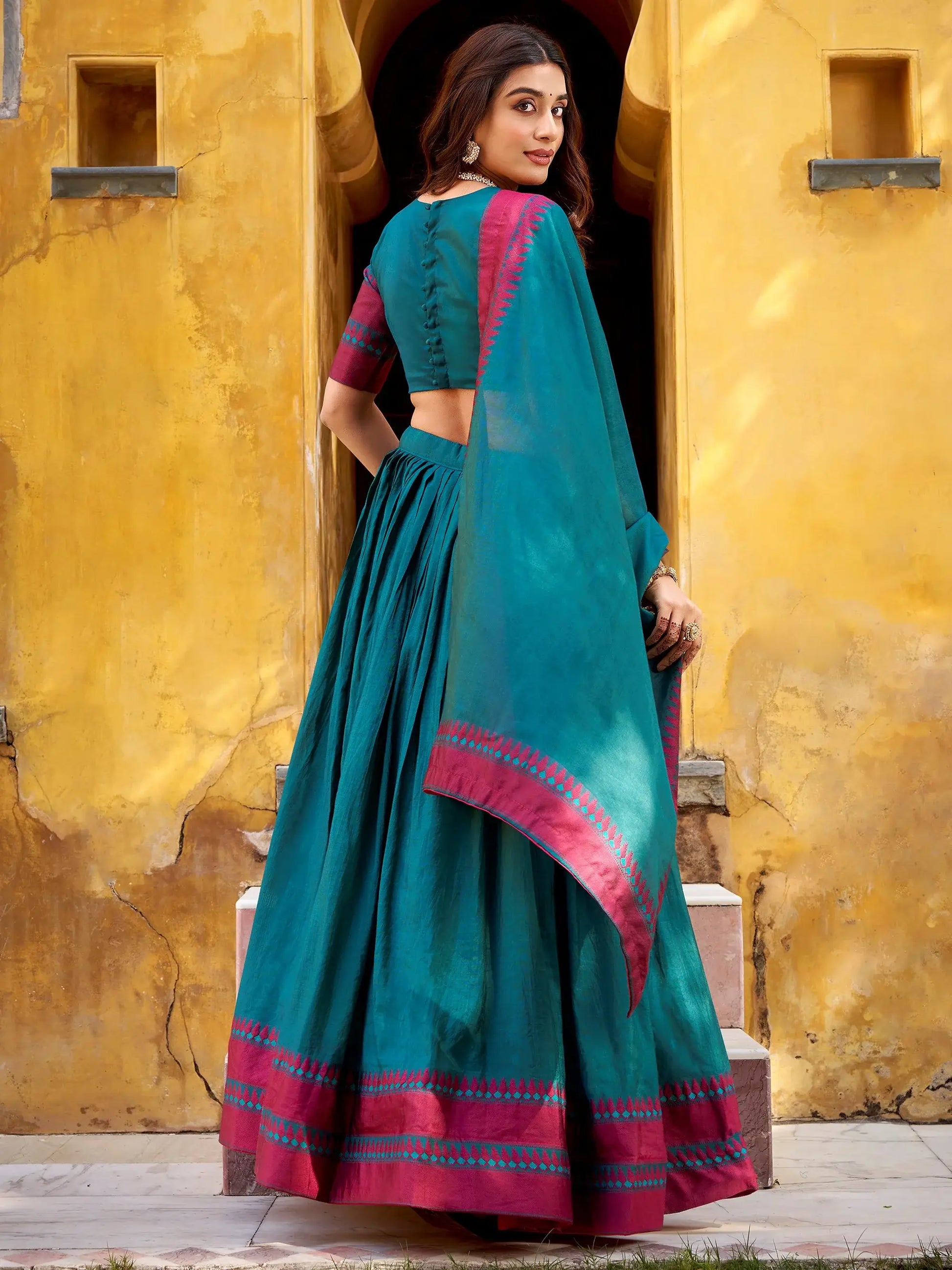 Charming Teal Blue Thread Work Chanderi Function Wear Lehenga Choli With Dupatta