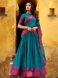 Charming Teal Blue Thread Work Chanderi Function Wear Lehenga Choli With Dupatta