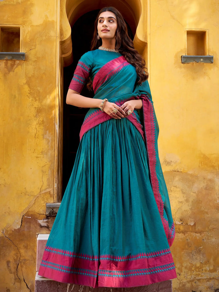 Charming Teal Blue Thread Work Chanderi Function Wear Lehenga Choli With Dupatta