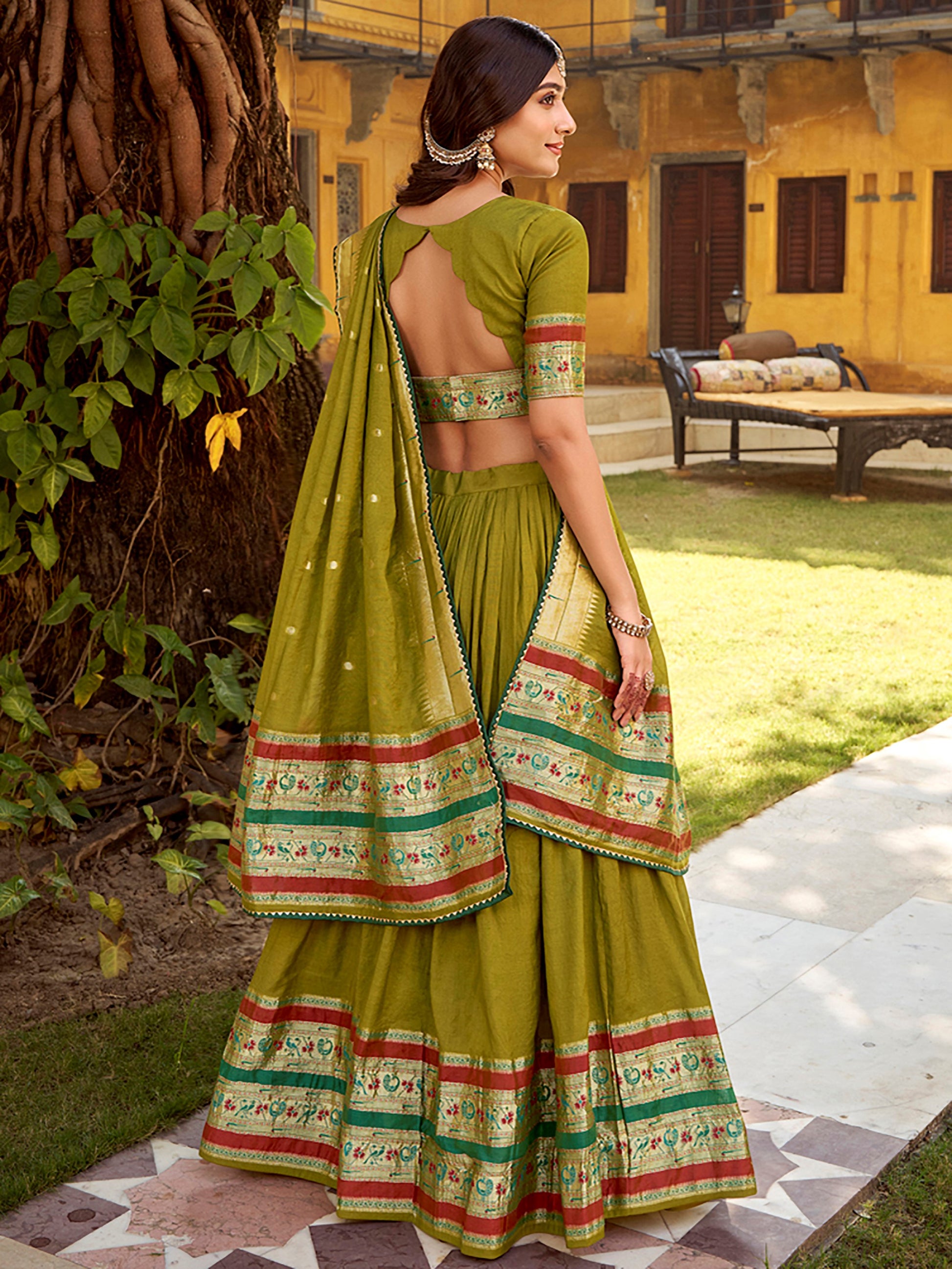 Enchanting Olive Green Zari Weaving Chanderi Half Saree Lehenga With Dupatta