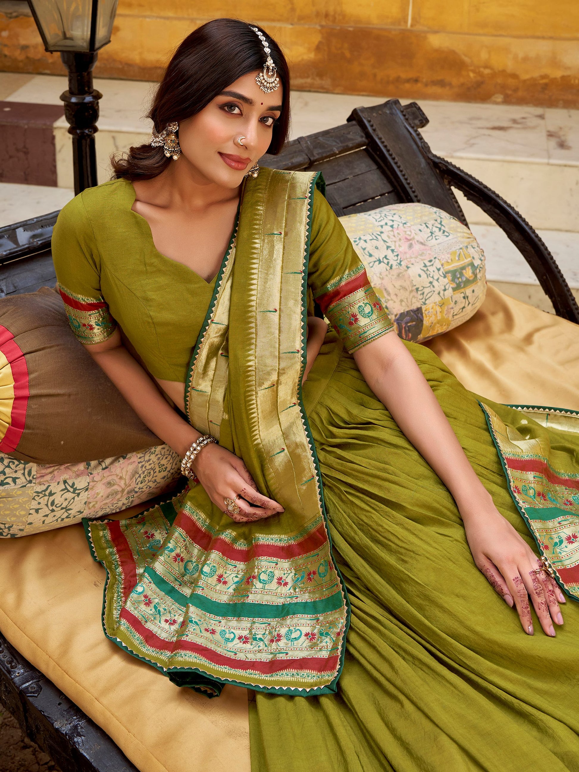 Enchanting Olive Green Zari Weaving Chanderi Half Saree Lehenga With Dupatta