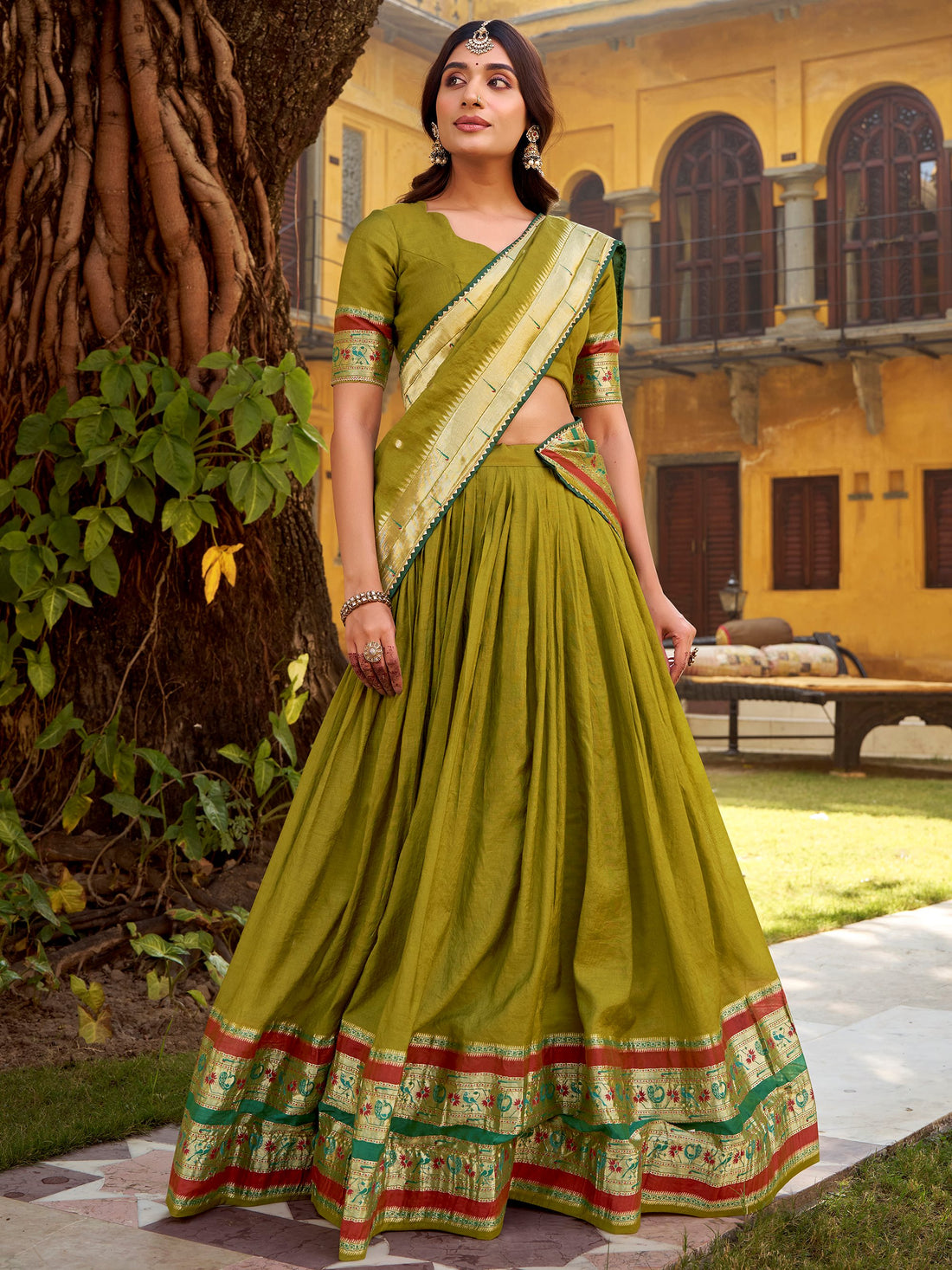 Enchanting Olive Green Zari Weaving Chanderi Half Saree Lehenga With Dupatta