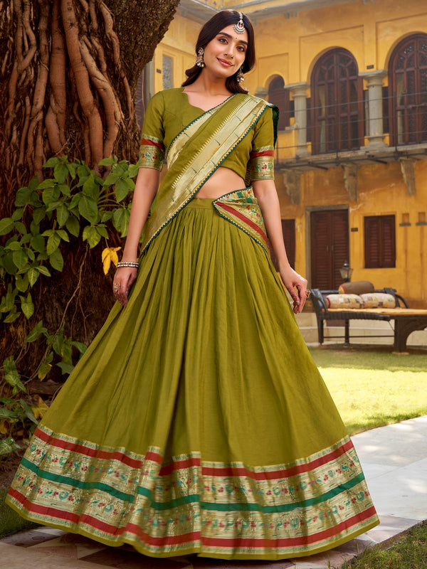 Enchanting Olive Green Zari Weaving Chanderi Half Saree Lehenga With Dupatta