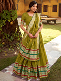 Enchanting Olive Green Zari Weaving Chanderi Half Saree Lehenga With Dupatta