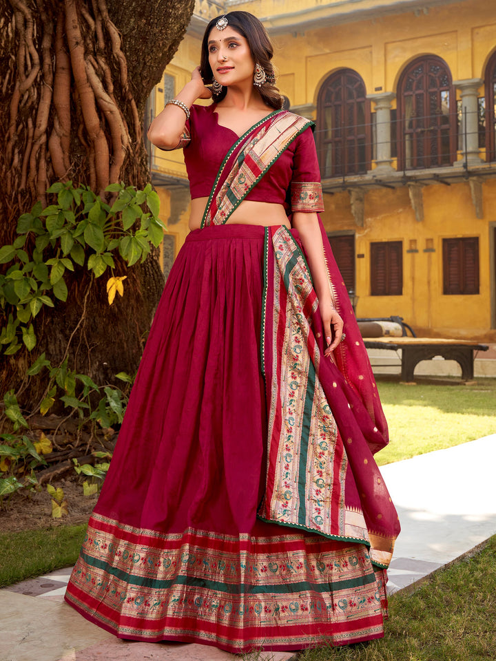 Dazzling Maroon Zari Weaving Chanderi Traditional Half Saree Lehenga With Dupatta