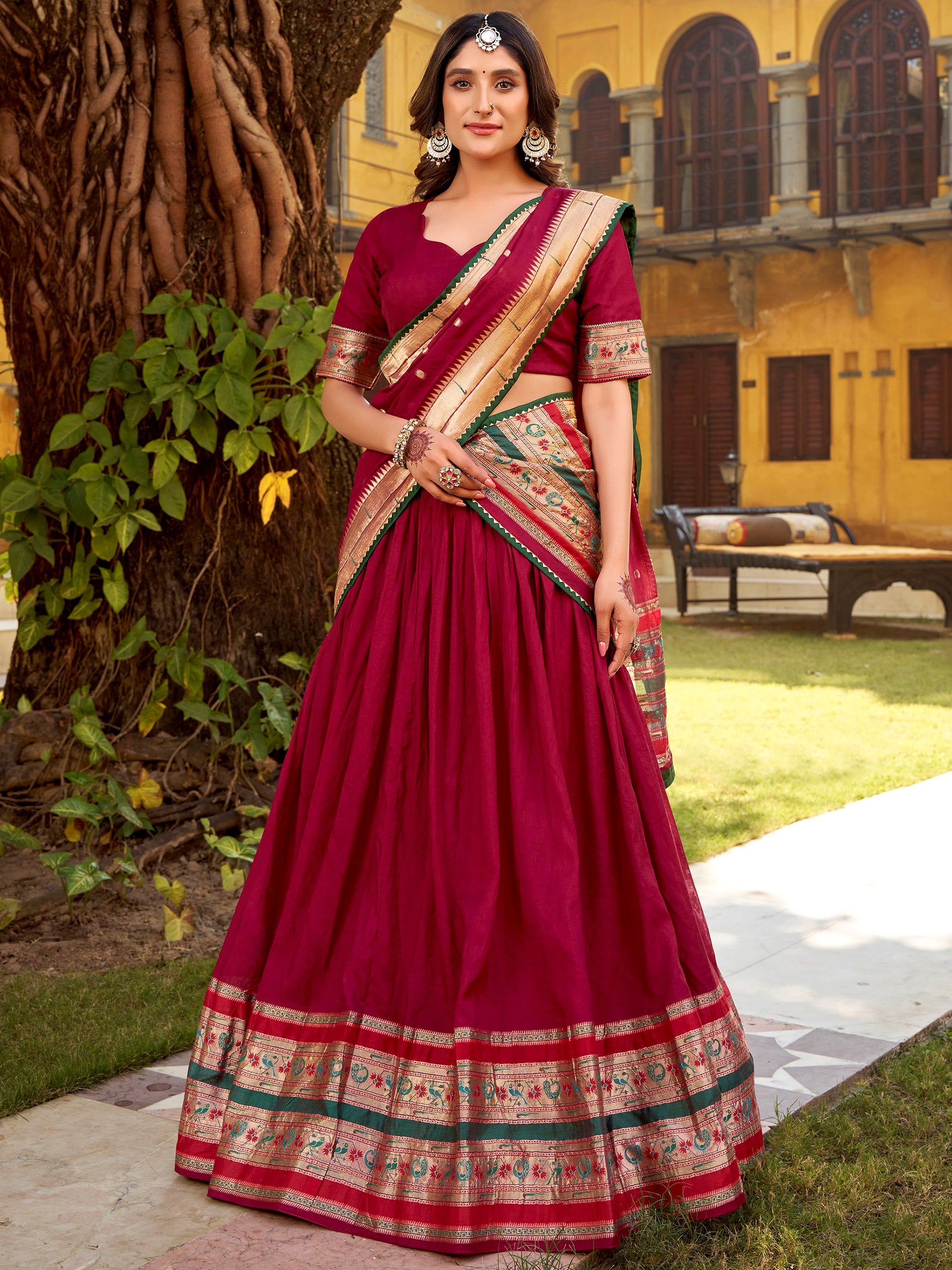 Dazzling Maroon Zari Weaving Chanderi Traditional Half Saree Lehenga With Dupatta